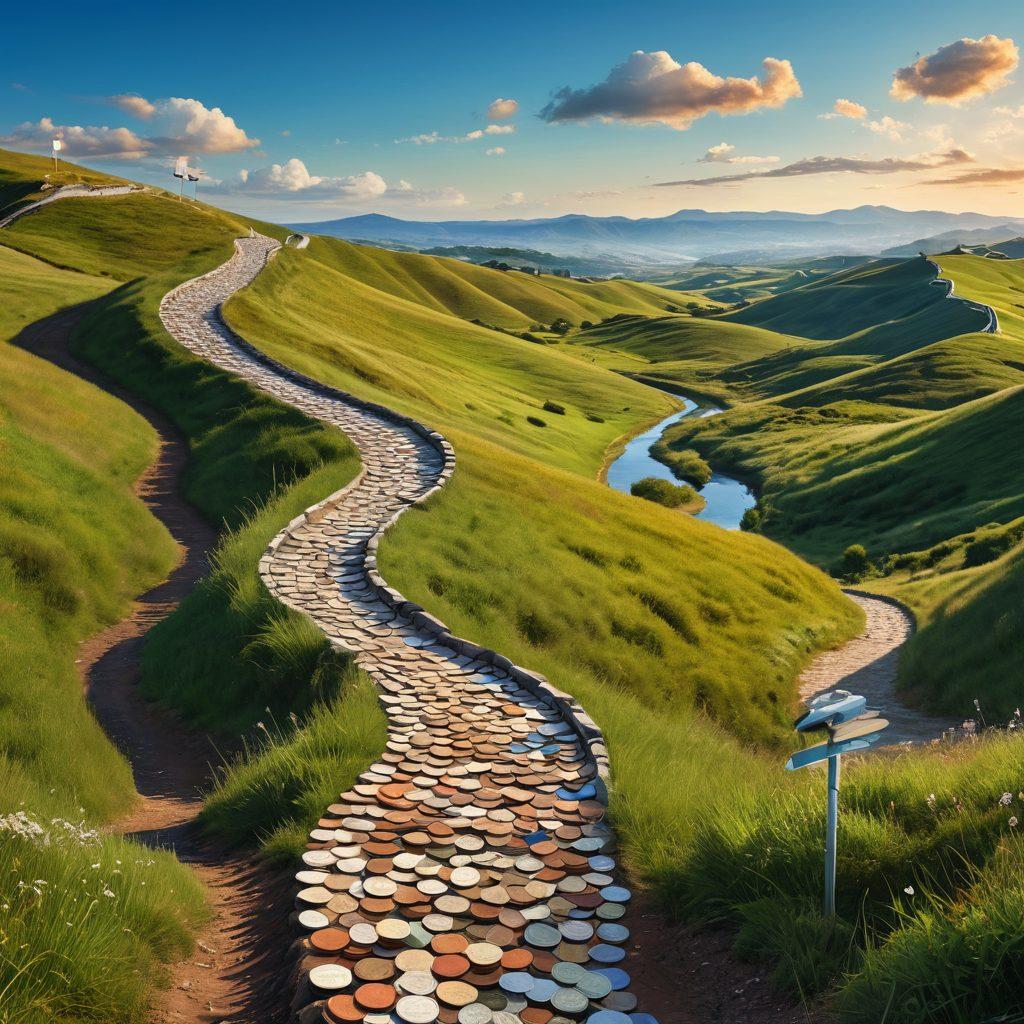 A visually engaging landscape depicting a path winding through rolling hills of coins, with a backdrop of a clear blue sky. Along the path, various signposts labeled with key credit management insights such as 'Budgeting', 'Credit Score', and 'Debt Relief'. Include characters representing diverse individuals studying the signposts and taking notes. The scene should evoke a sense of exploration and financial discovery. vibrant colors. super-realistic.