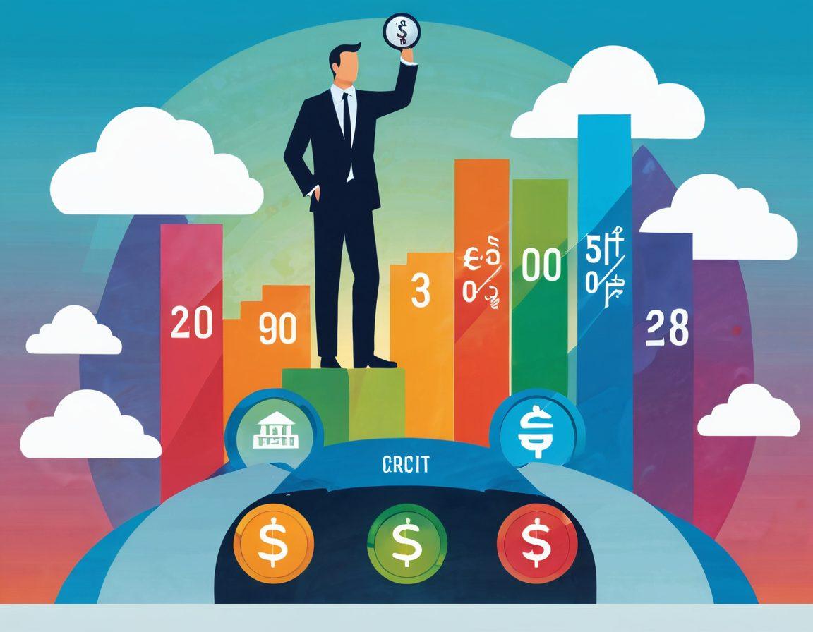 An illustration of a confident person standing atop a giant credit score gauge, surrounded by symbolic elements like dollar signs, a magnifying glass evaluating credit reports, and a rising graph. The background features a bright skyline representing financial success, with clouds shaped like money. The color scheme is vibrant and inspiring. vector art. vibrant colors. white background.