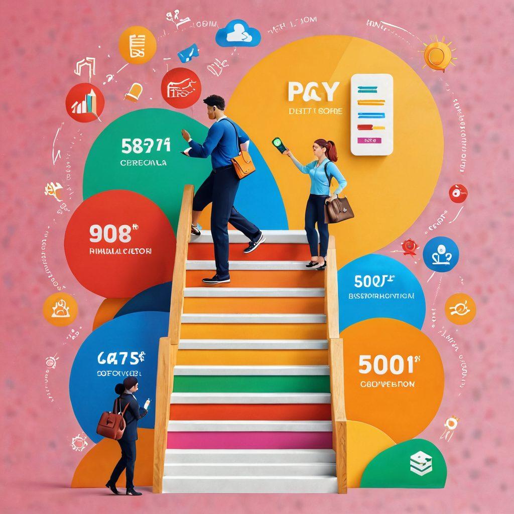 A vibrant illustration of a person climbing a staircase made of credit score gauges, each step labeled with tips like 'Pay Bills on Time' and 'Keep Debt Low'. Surrounding the scene are icons of financial tools like calculators, piggy banks, and financial graphs, symbolizing empowerment and growth. The background features a sunrise representing new beginnings in financial health. super-realistic. bright colors. 3D.